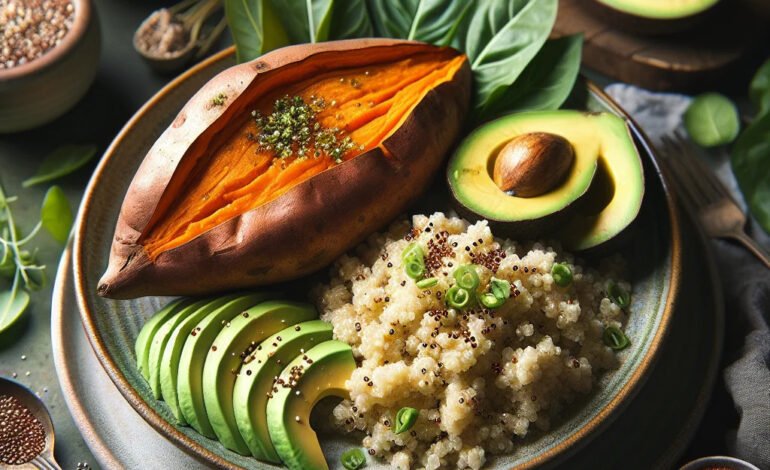 Baked Sweet Potato with Avocado and Quinoa – A high-fiber, nutrient-dense vegetarian meal option.