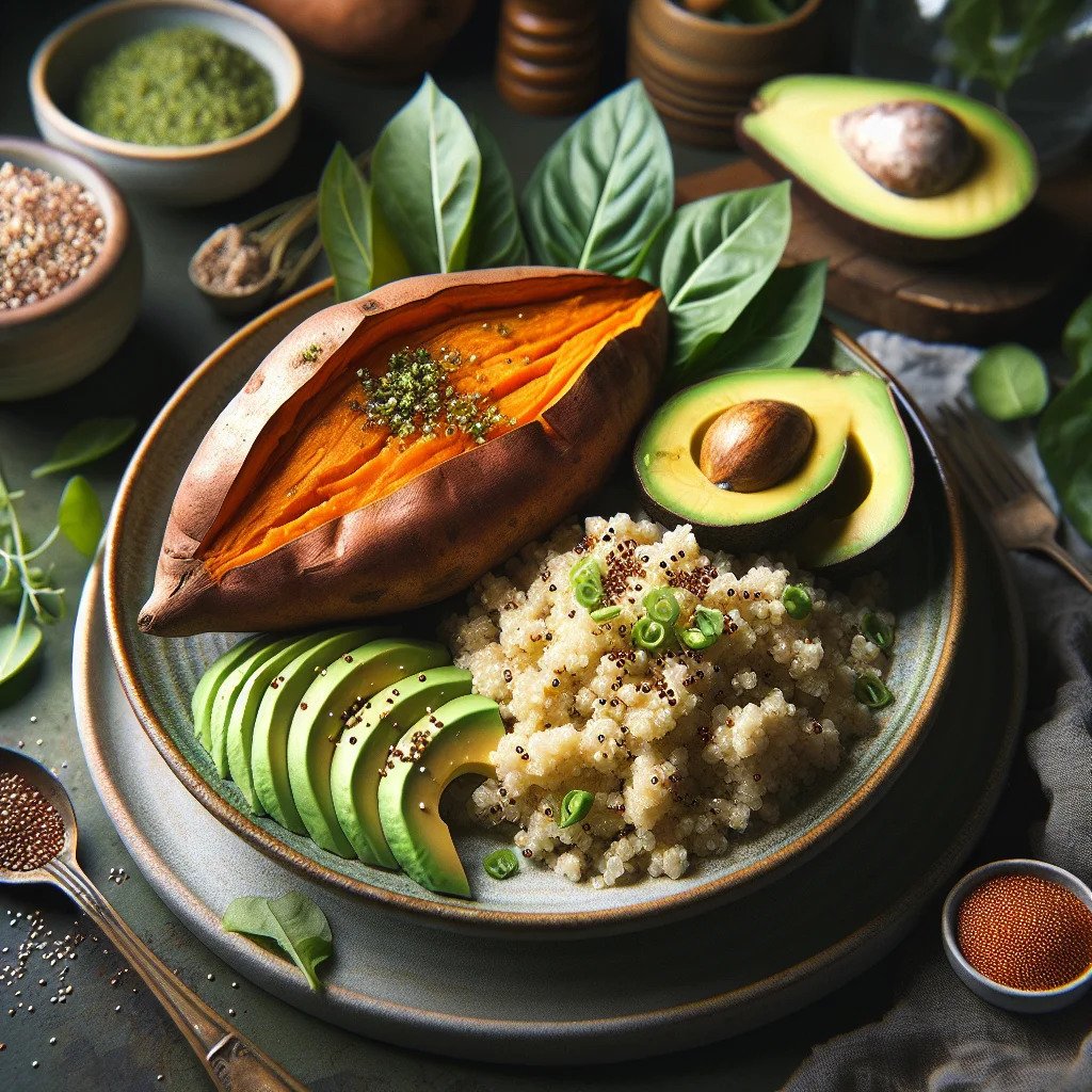 Baked Sweet Potato with Avocado and Quinoa – A high-fiber, nutrient-dense vegetarian meal option.