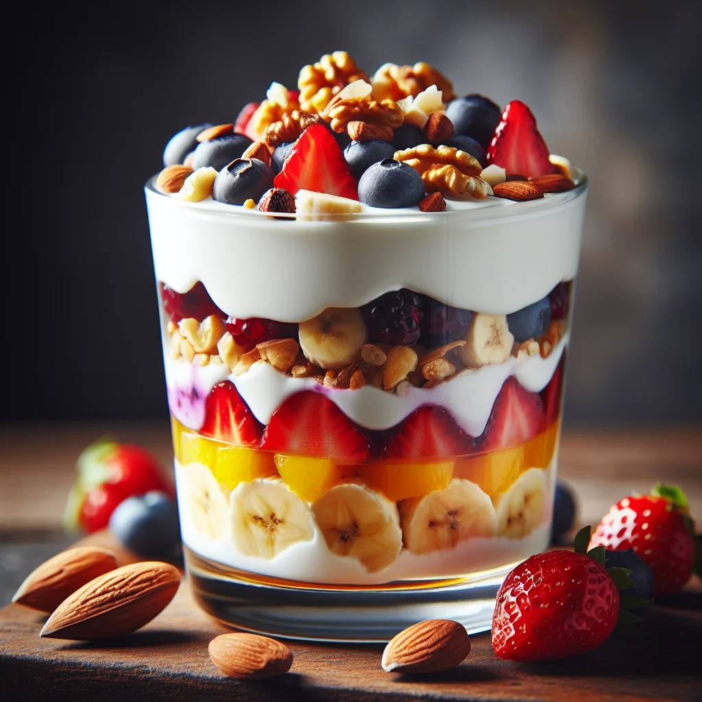 Greek Yogurt Parfait with Fruits and Nuts – A protein-packed, quick breakfast or snack.